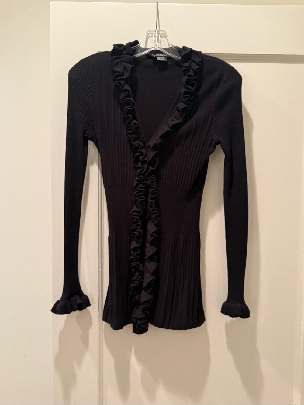 Etcetera Black Ruffle-Trim Ribbed Knit Sweater